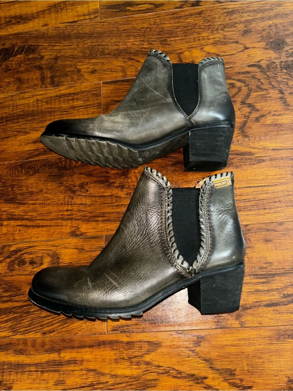 PIKOLINOS Andorra Gray Ankle Boots Leather Heeled Booties Braided Whipstitch